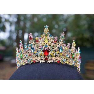 Gold Multicolor Crystal Tiara Bridal Crown Birthday Wedding Gift Diadem prom